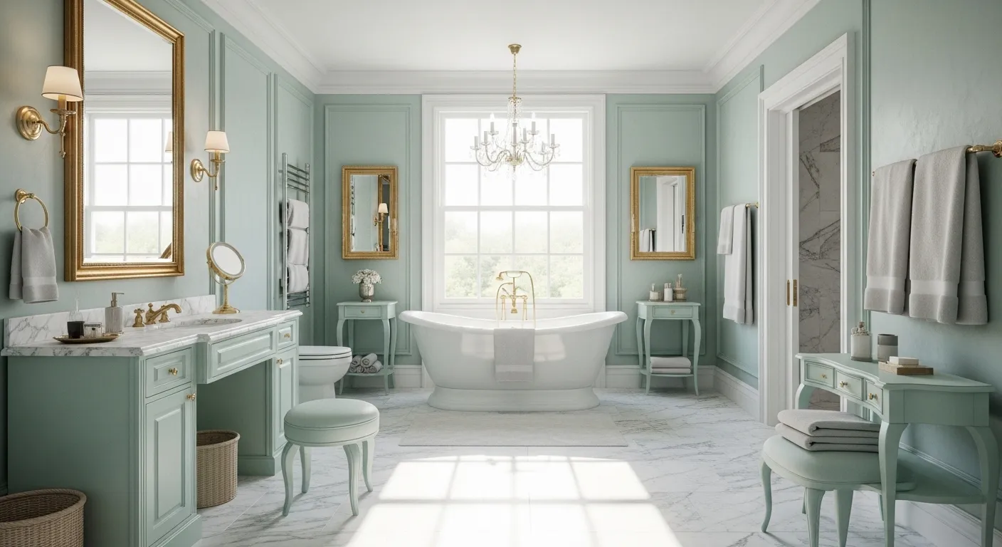 Classic luxury bathroom with pastel mint walls, freestanding tub, and elegant gold fixtures