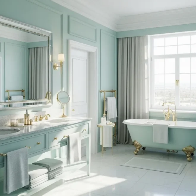 Elegant pastel mint bathroom featuring gold fixtures and white marble details