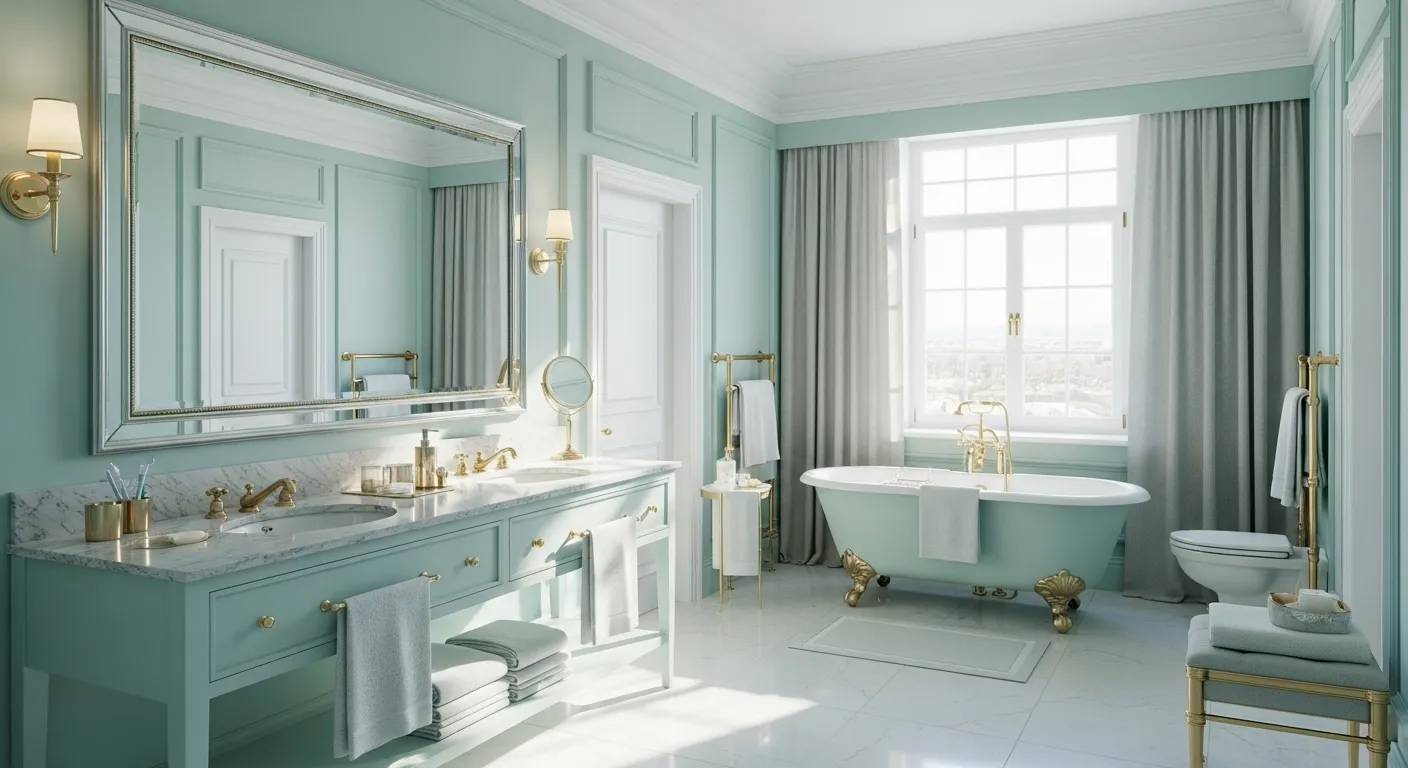 Elegant pastel mint bathroom featuring gold fixtures and white marble details