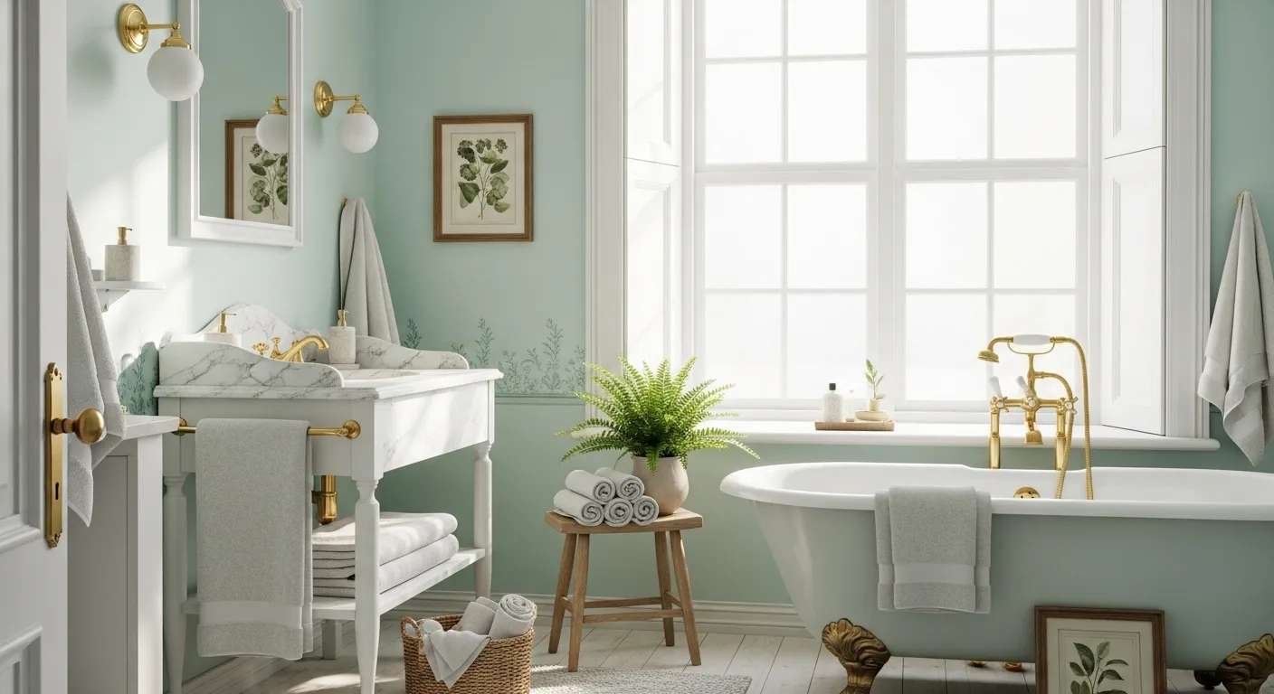 Elegant bathroom featuring pastel mint cabinetry, marble countertops, and vintage gold fixtures