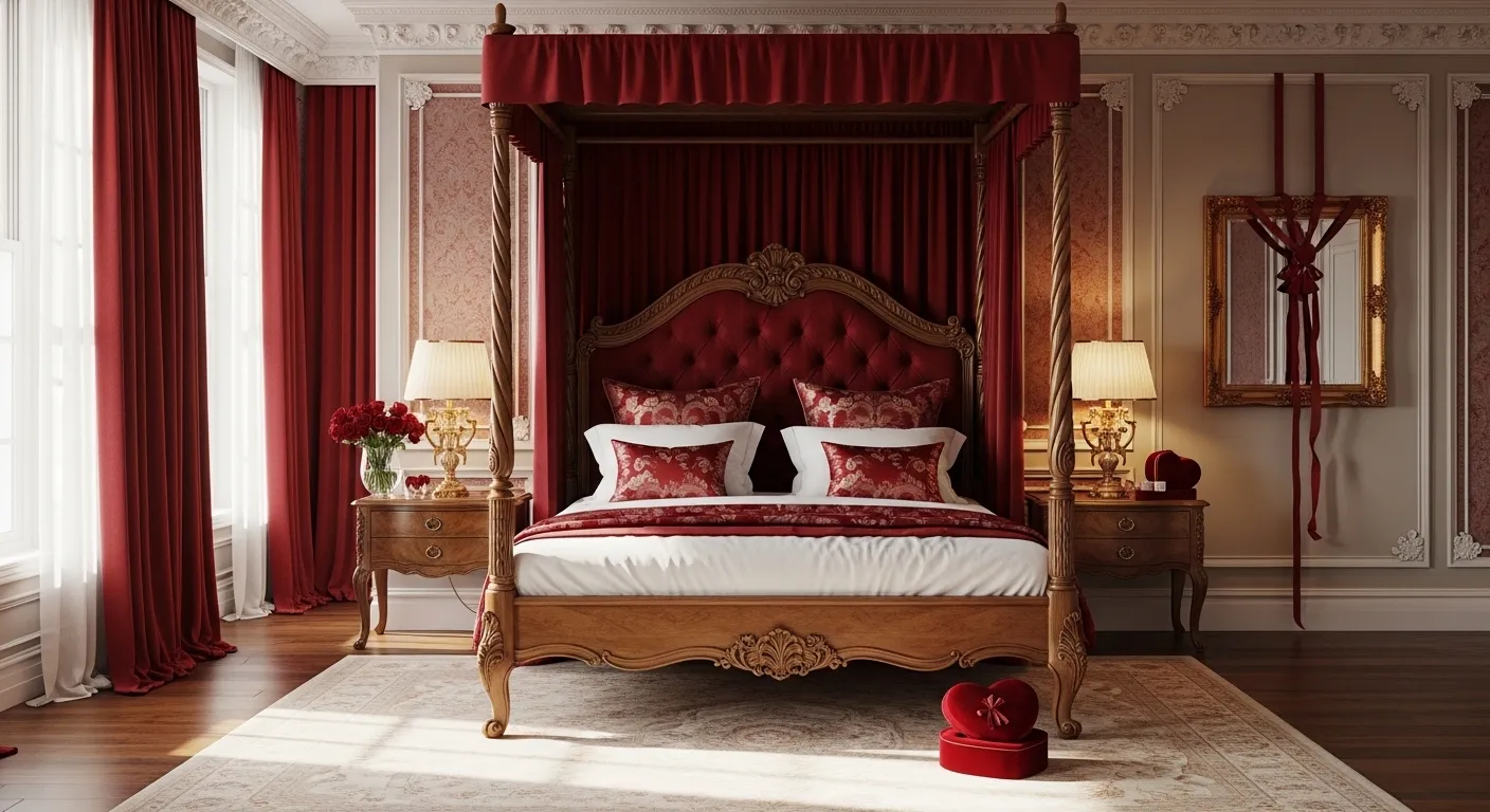 Opulent bedroom featuring deep red walls, a velvet tufted headboard, and gold accents