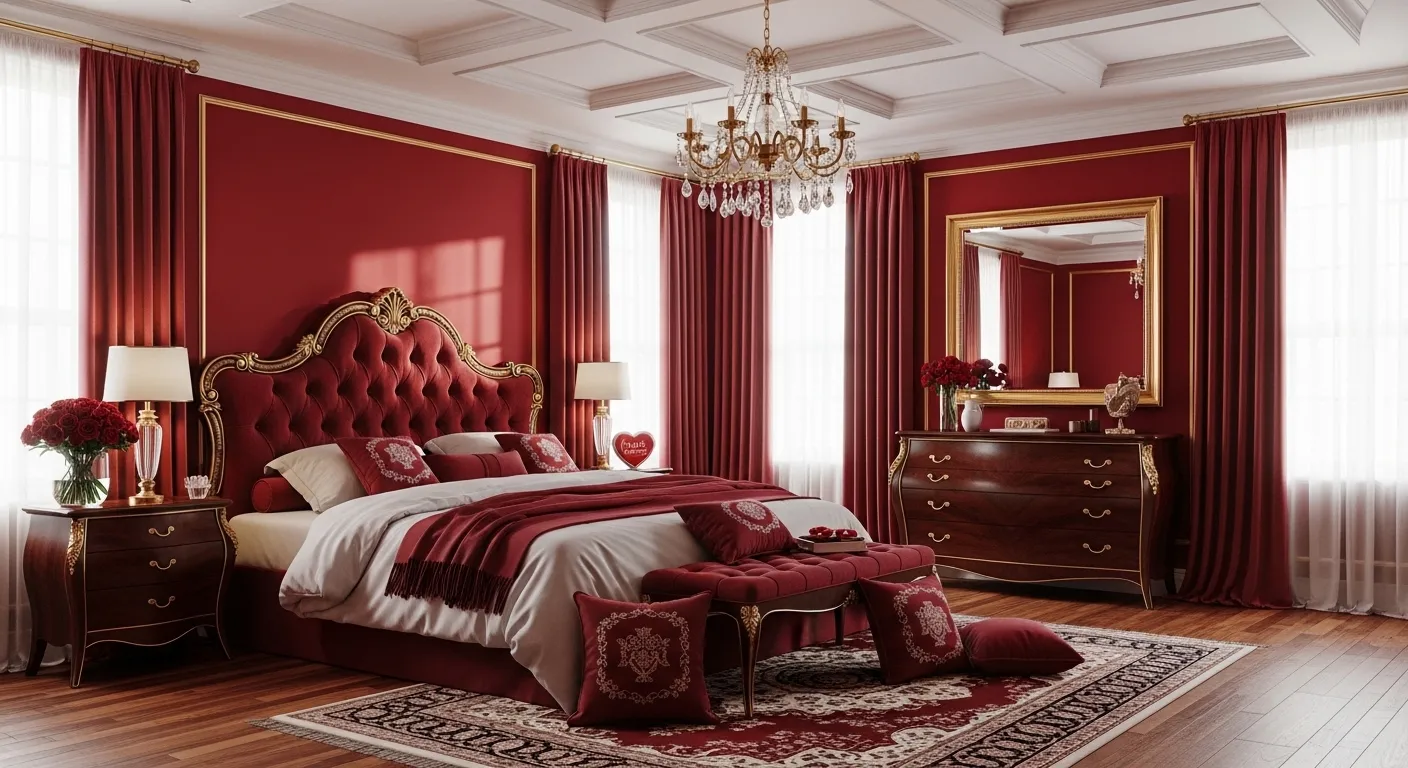 Opulent master bedroom featuring deep red velvet bedding and ornate gold furniture details
