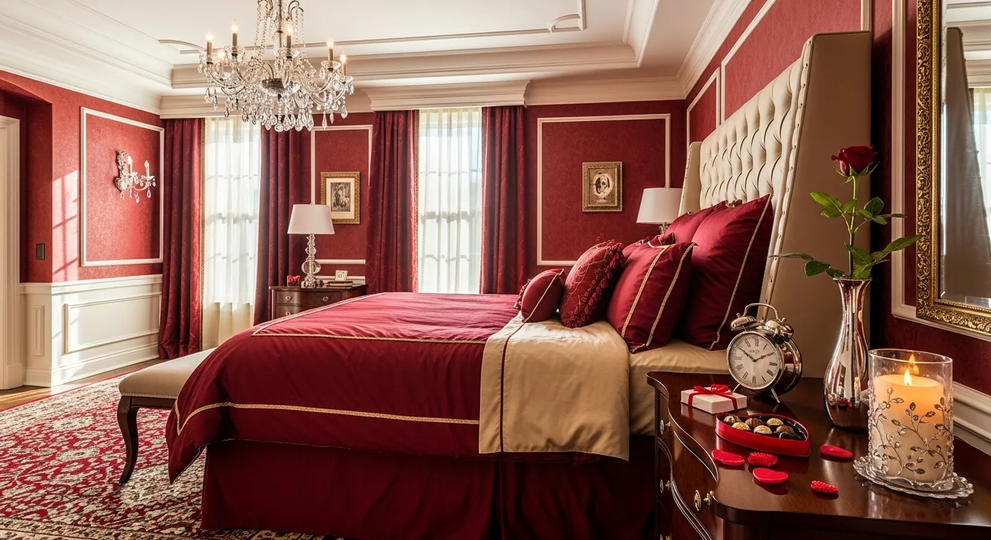 Opulent bedroom featuring deep red walls, velvet bedding, and classic gold chandelier lighting