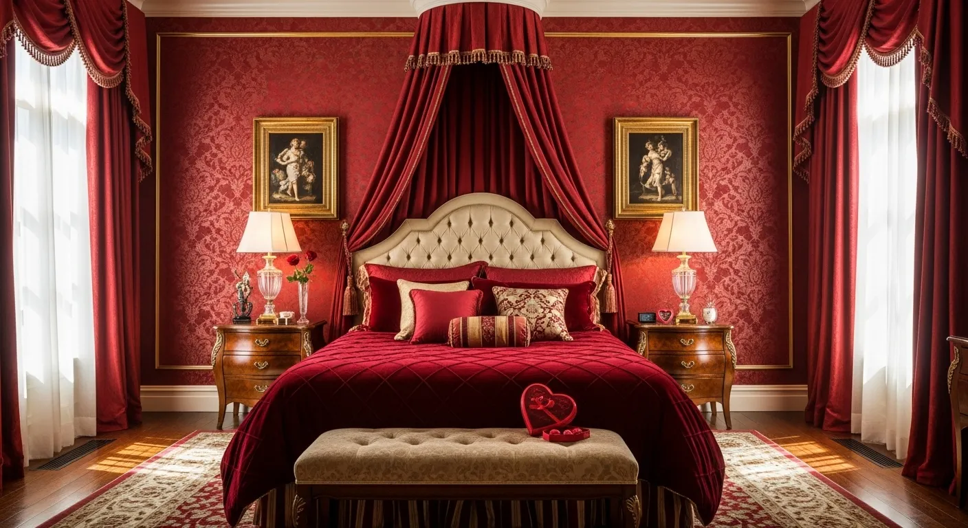 Opulent classic bedroom featuring deep red velvet textiles and gold accents