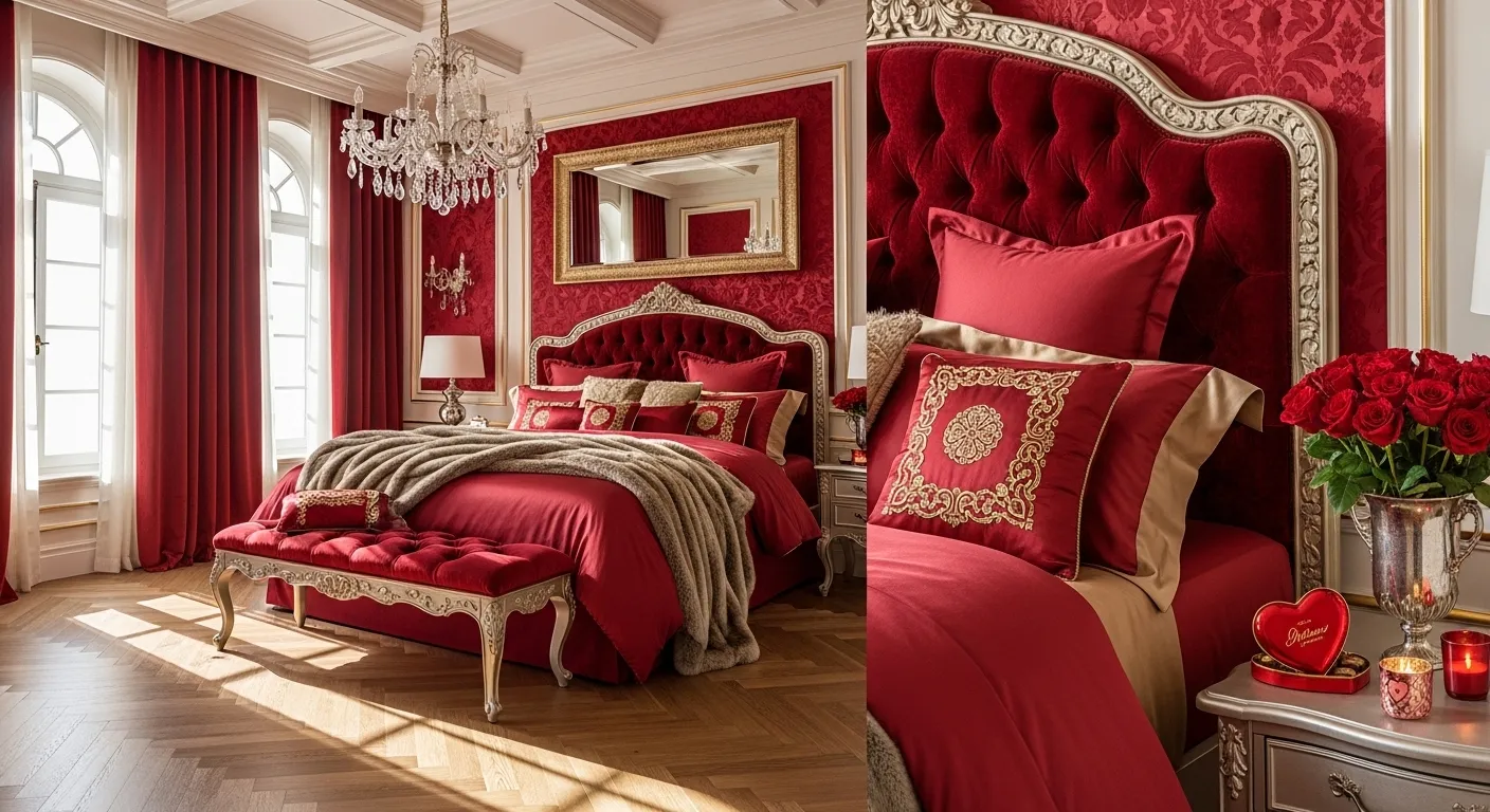 Opulent master bedroom featuring deep red velvet bedding and ornate gold accents