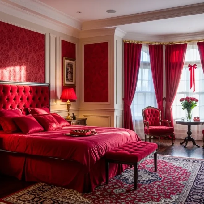 Opulent bedroom featuring deep red velvet bedding and ornate gold classic furniture