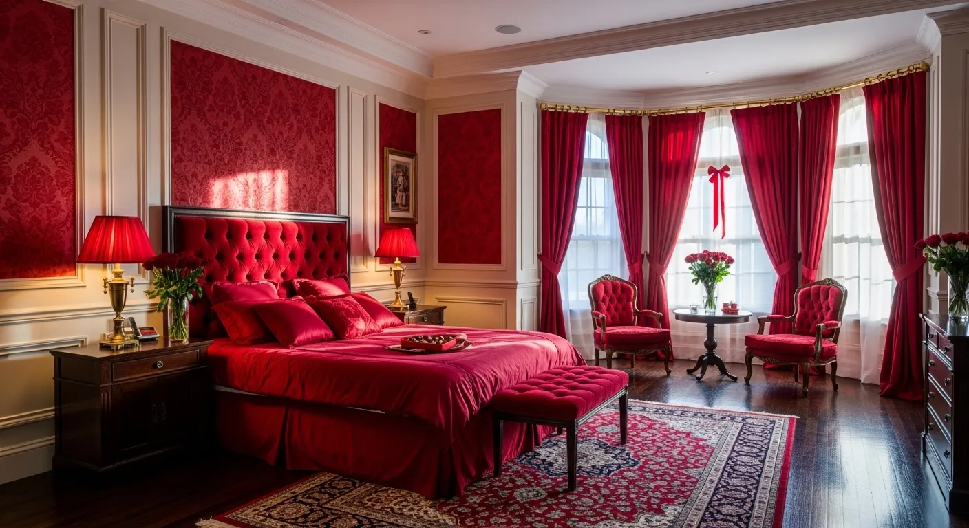 Opulent bedroom featuring deep red velvet bedding and ornate gold classic furniture