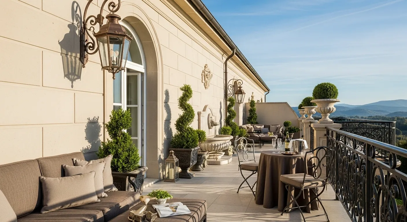 Classic luxury balcony with truffle seating, iron railing, and potted topiaries.