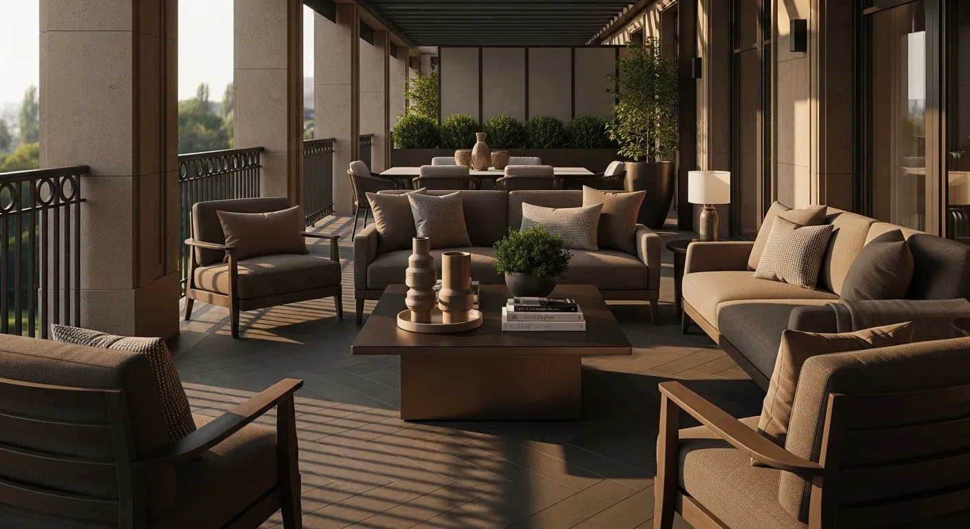 Truffle-toned luxury balcony lounge with sofas, planters, and warm lighting