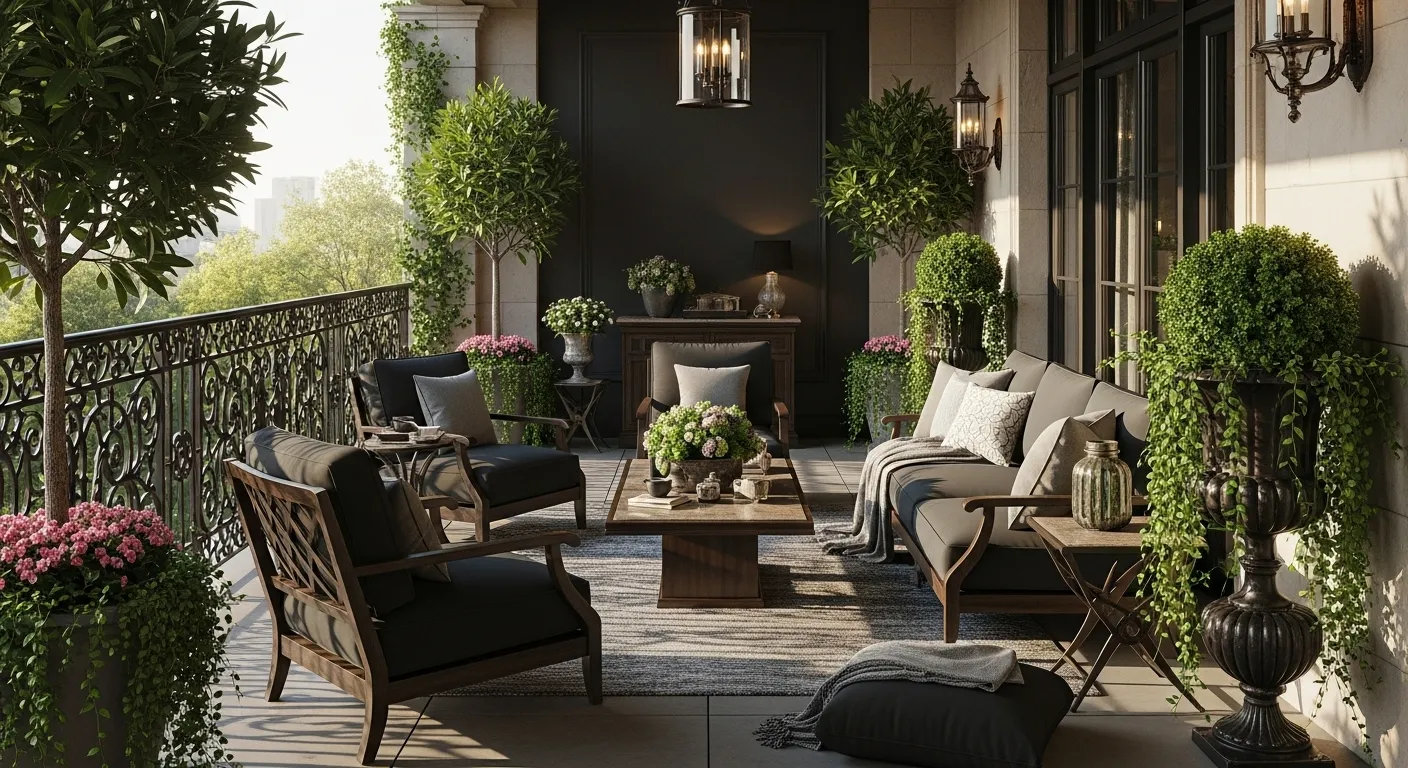 Classic luxury balcony with truffle seating, iron railing, lanterns, and lush topiaries