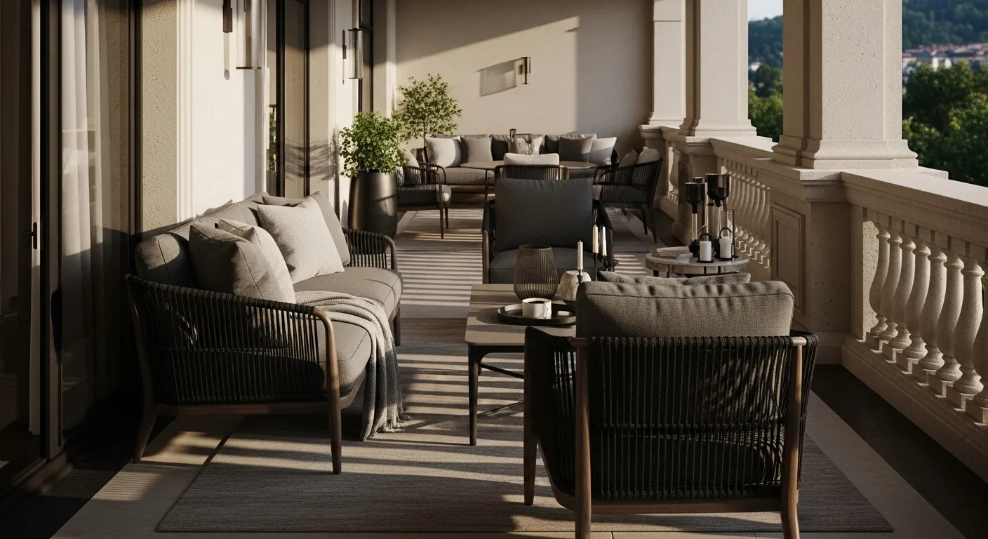 Classic luxury truffle balcony with plush outdoor sofas and stone balustrade