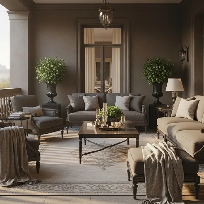 Classic luxury truffle balcony with sofa set, lanterns, and neutral rug