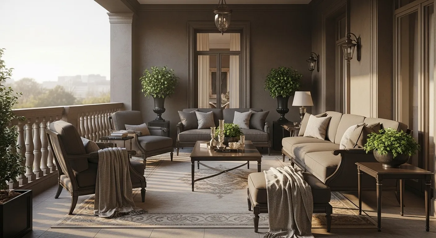 Classic luxury truffle balcony with sofa set, lanterns, and neutral rug