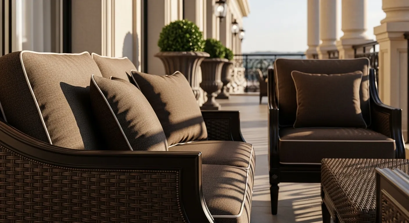 Truffle-toned luxury balcony seating with wicker sofa, armchair, and columns