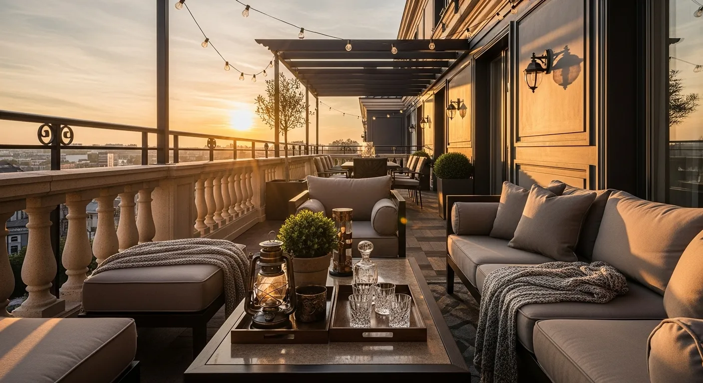 Classic luxury balcony lounge with truffle sofas, lanterns, and sunset view