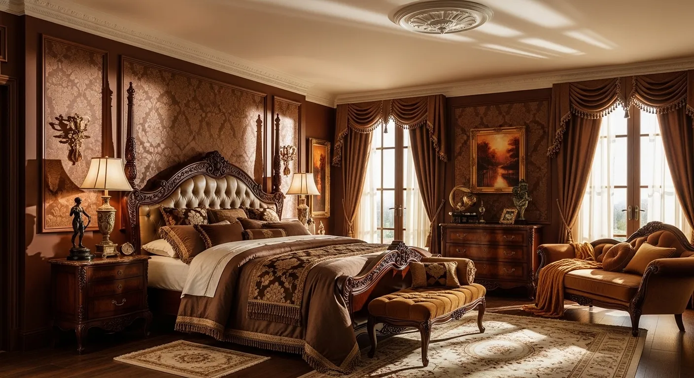 Classic luxury bedroom with tufted headboard, warm brown drapery, and chaise lounge