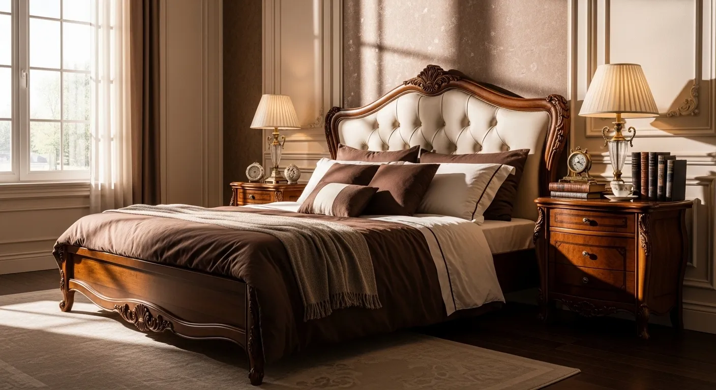 Classic luxury bedroom with tufted headboard, warm brown bedding, carved wood furniture