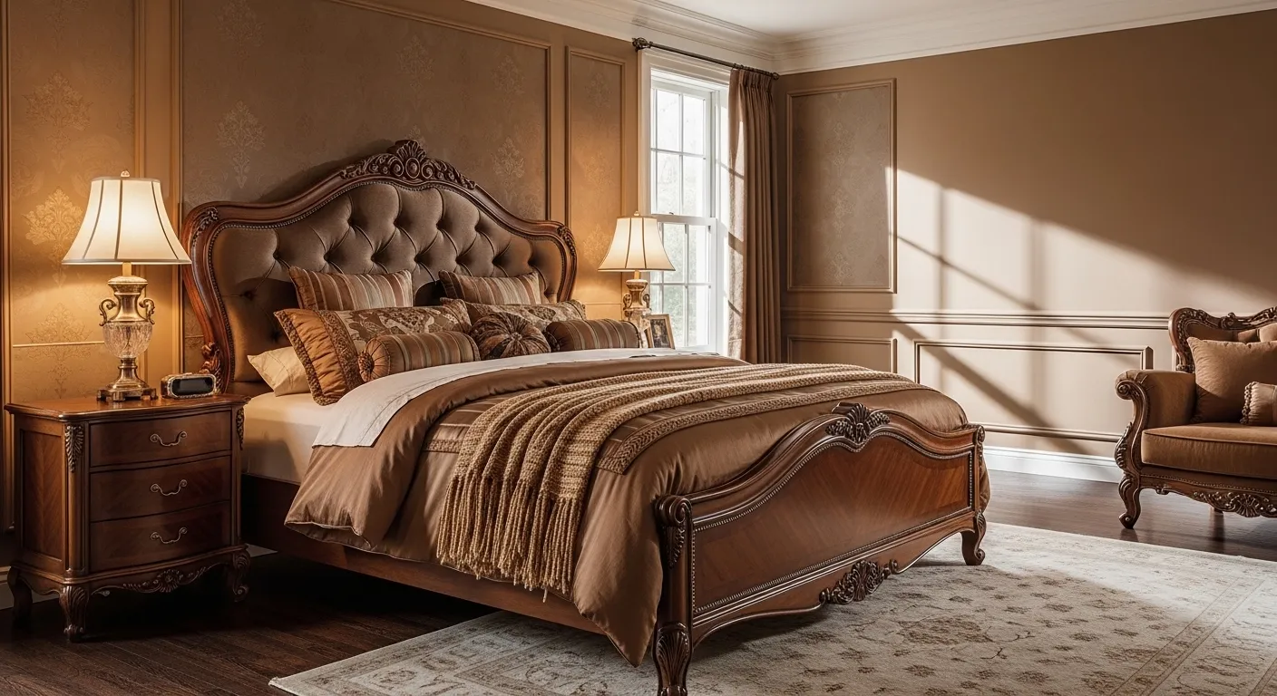 Classic luxury bedroom with tufted headboard, carved wood bed, warm brown tones