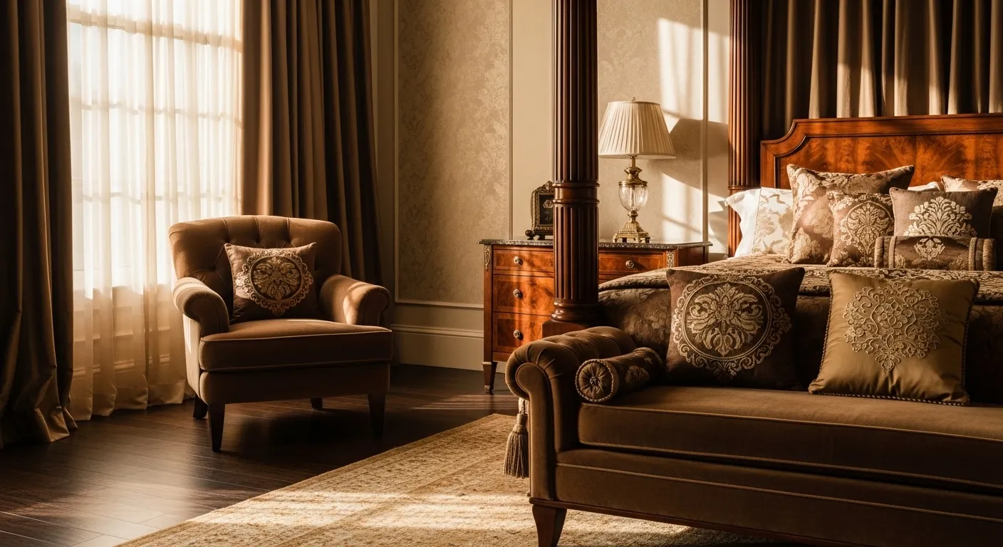 Classic luxury warm brown bedroom with canopy bed, velvet settee, and drapes