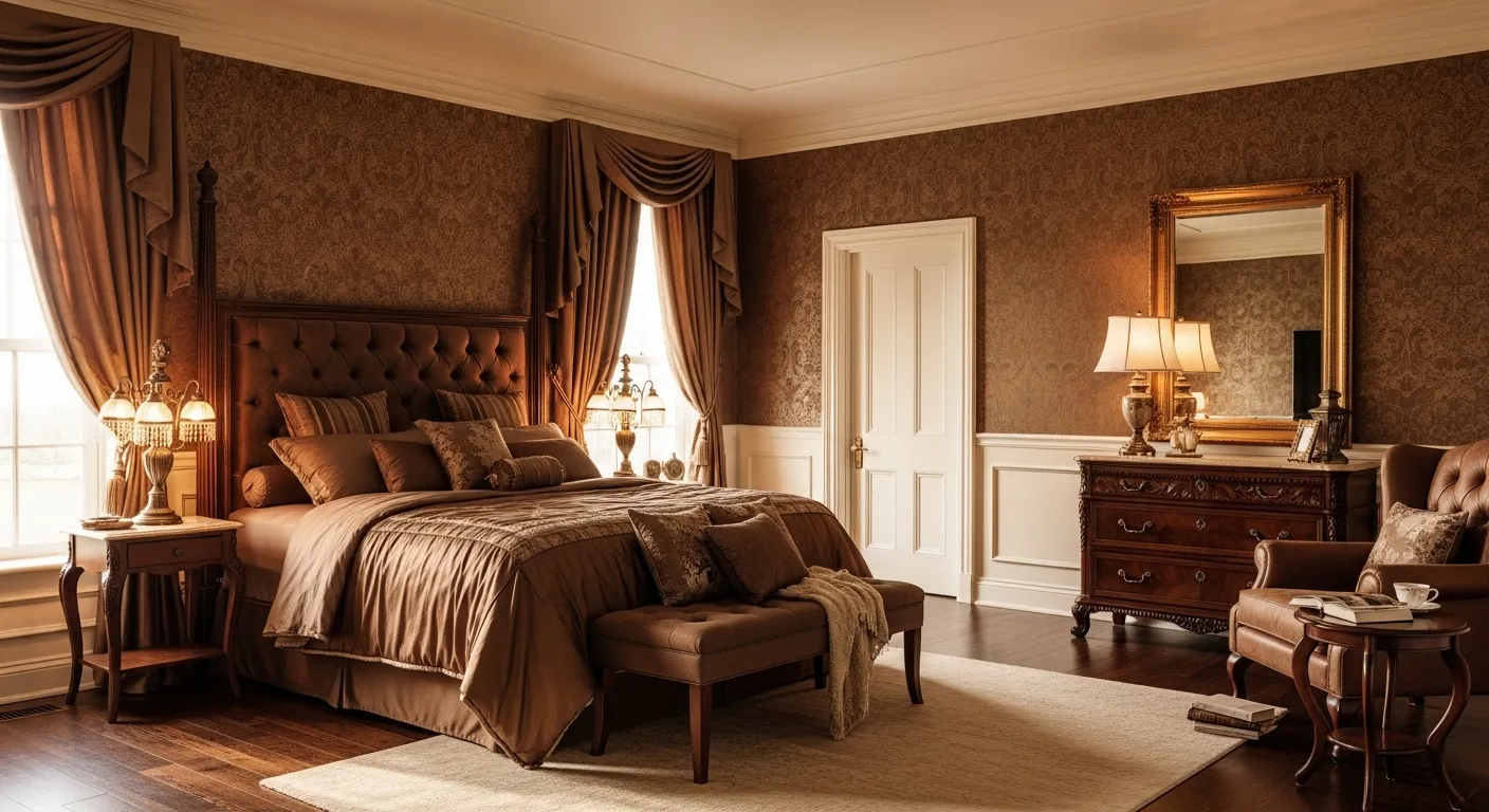 Classic luxury bedroom with warm brown bedding, tufted headboard, and ornate dresser