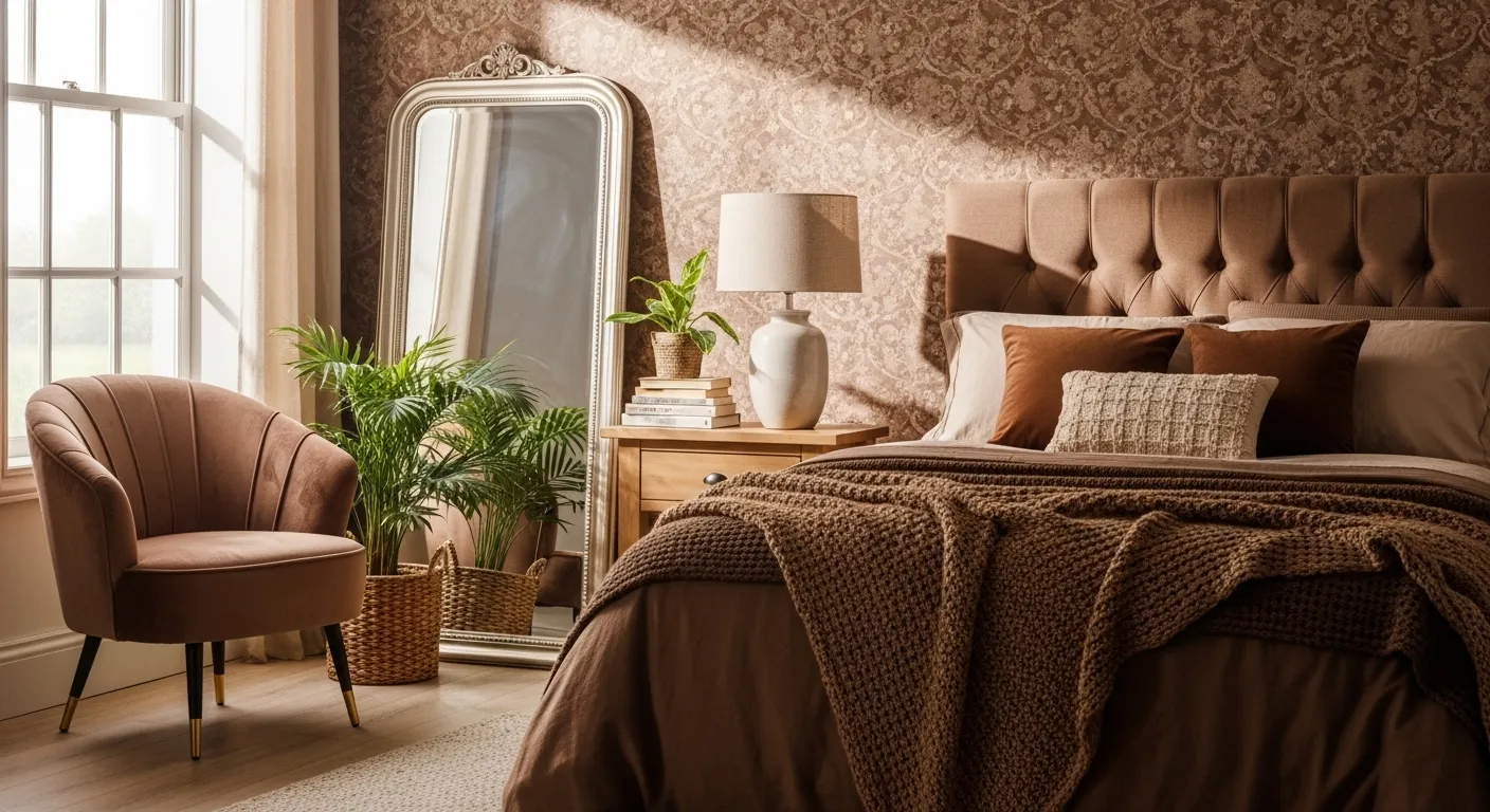 Warm brown luxury bedroom with tufted headboard, vintage mirror, and chair
