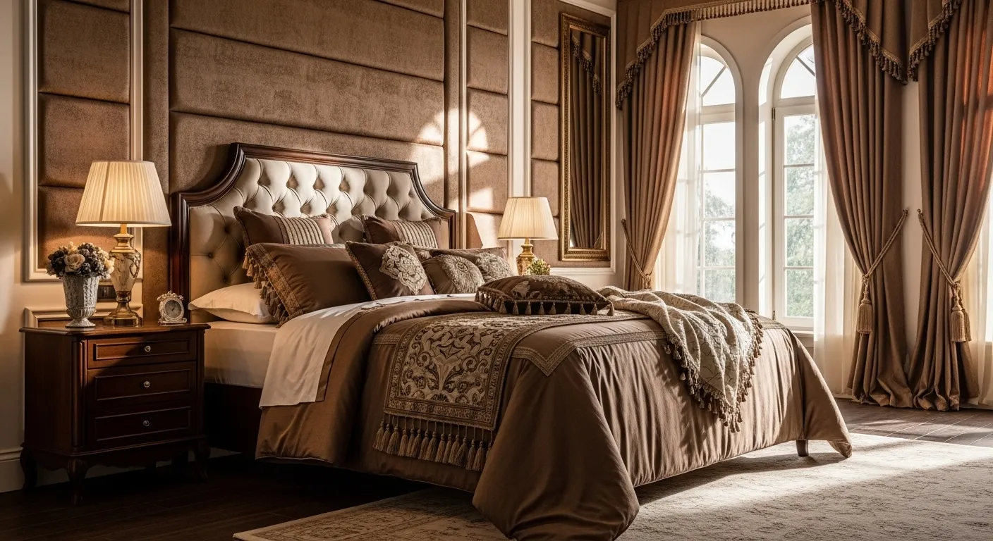 Classic luxury bedroom with tufted headboard, warm brown bedding, arched windows