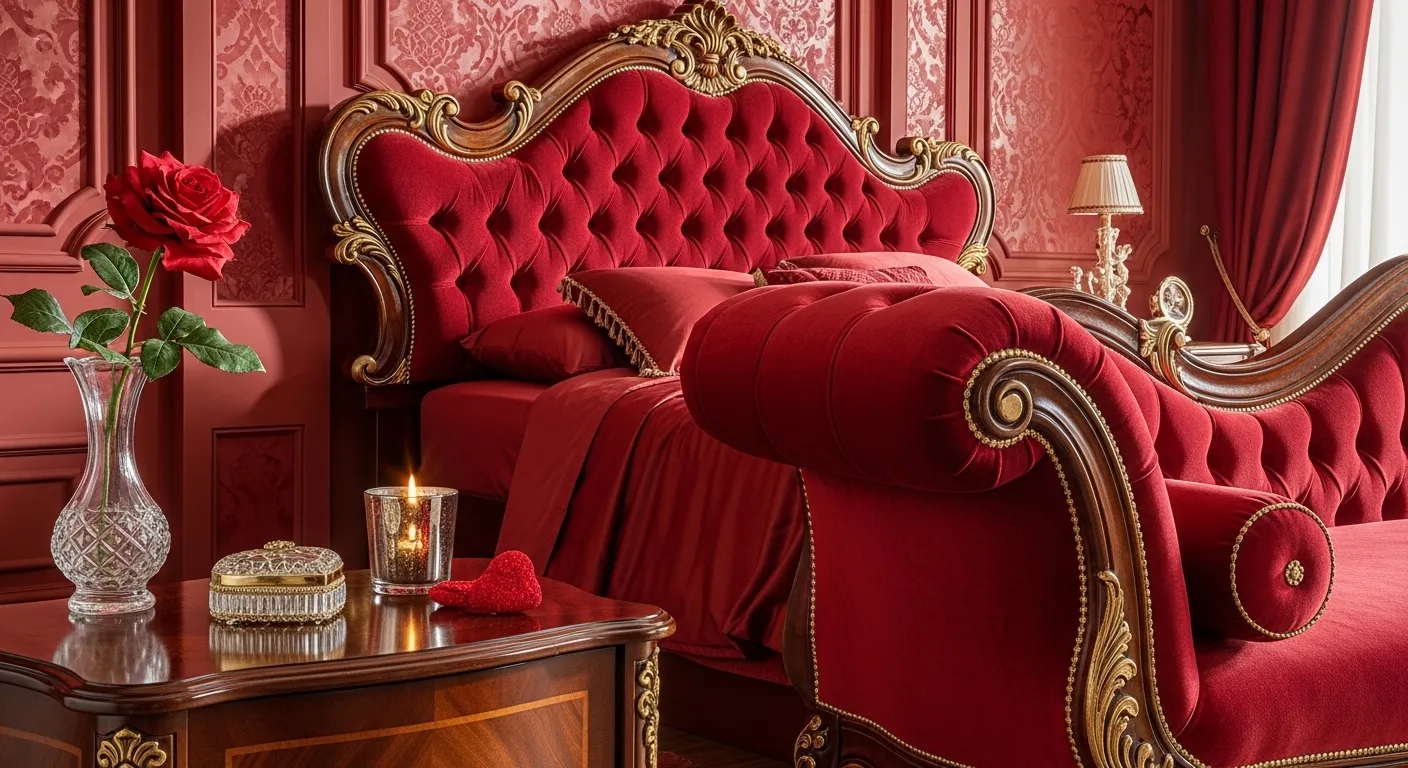 Opulent bedroom featuring deep red velvet bedding and ornate gold accents