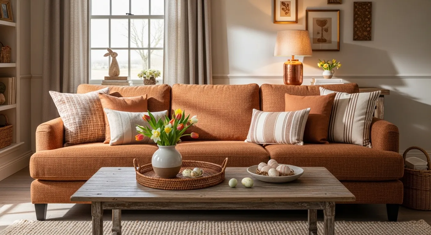 Rustic farmhouse living room featuring warm copper decor accents and neutral furniture