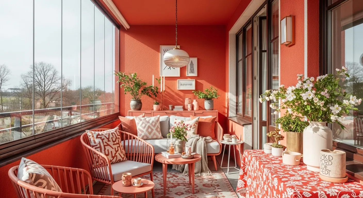 Coral Japandi balcony with lounge seating, plants, patterned rug, and soft sunlight