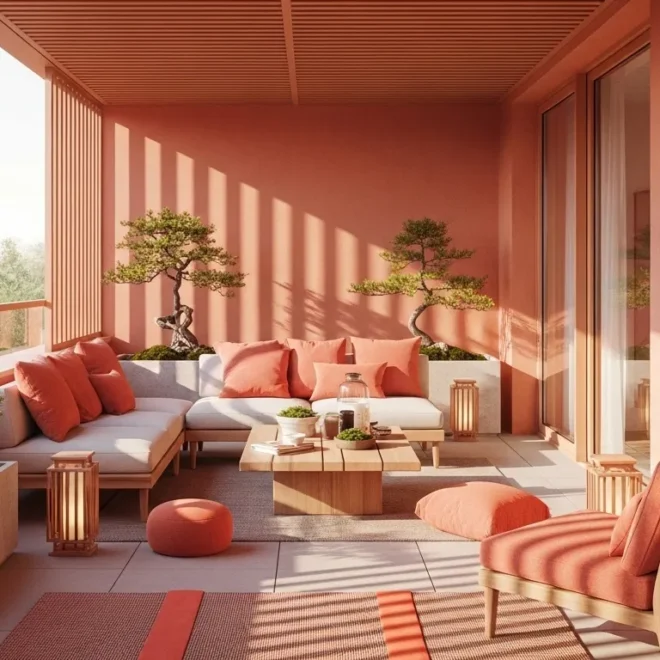 Coral Japandi balcony with low sofa, bonsai planters, and warm lanterns