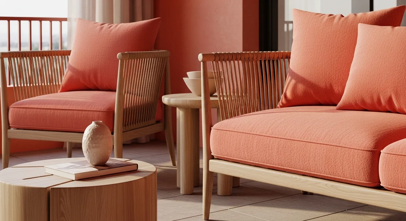 Coral Japandi balcony lounge with wood chairs, cushions, and minimalist table