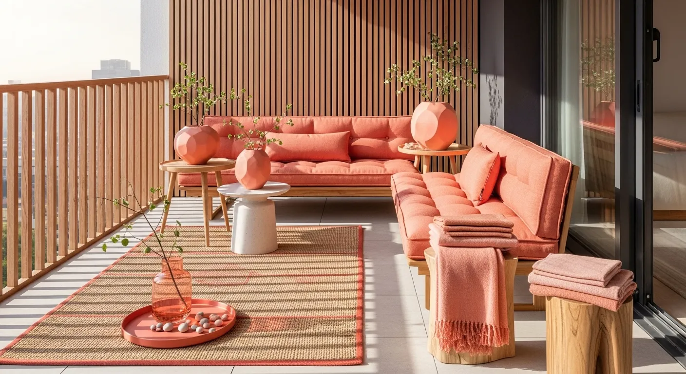 Japandi coral balcony with wooden slat wall, sofas, and woven rug