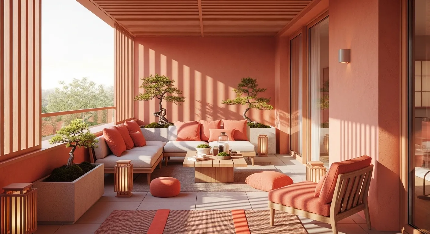 Coral Japandi balcony with low sofa, bonsai planters, and warm lanterns