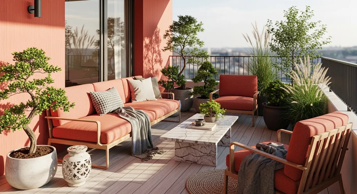 Coral Japandi balcony with low sofa, lounge chairs, marble coffee table, plants