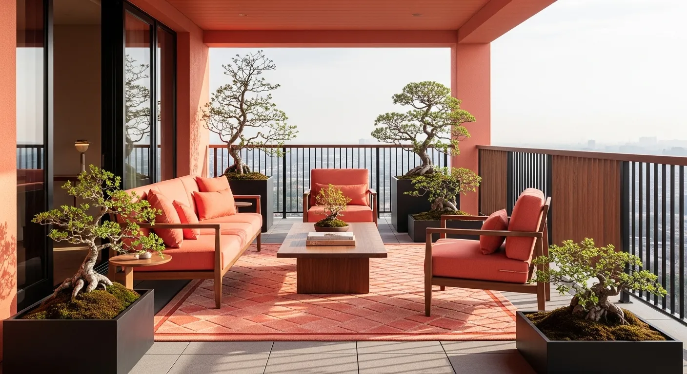 Coral Japandi balcony with wooden seating, bonsai planters, and city view.
