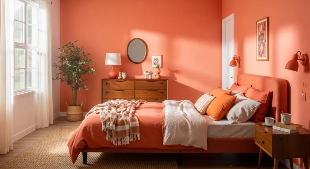 Mid-century modern bedroom featuring warm coral bedding and sleek walnut furniture