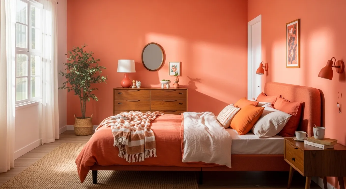 Mid-century modern bedroom ideas featuring calming coral bedding and sleek walnut furniture