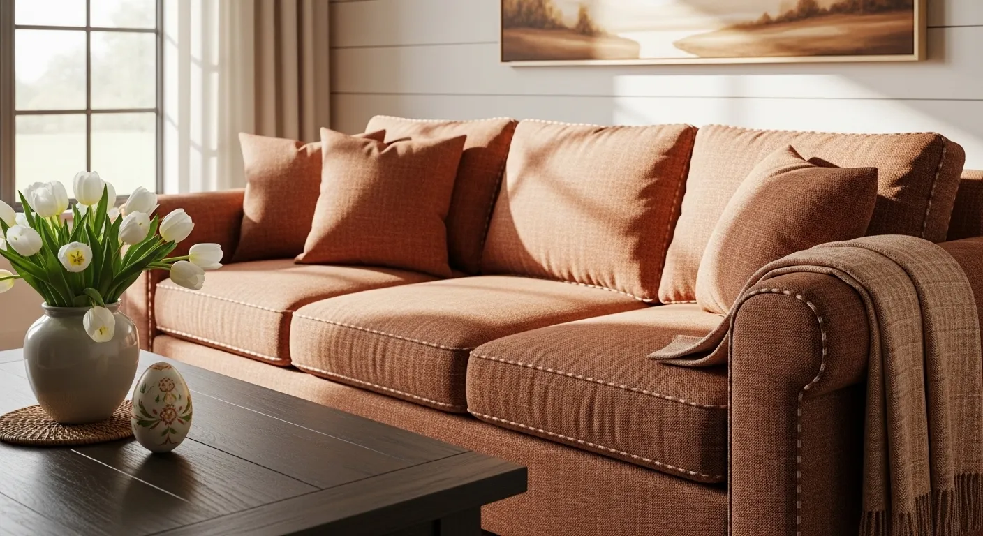 Rustic farmhouse living room featuring warm copper accents, neutral sofas, and wooden beams