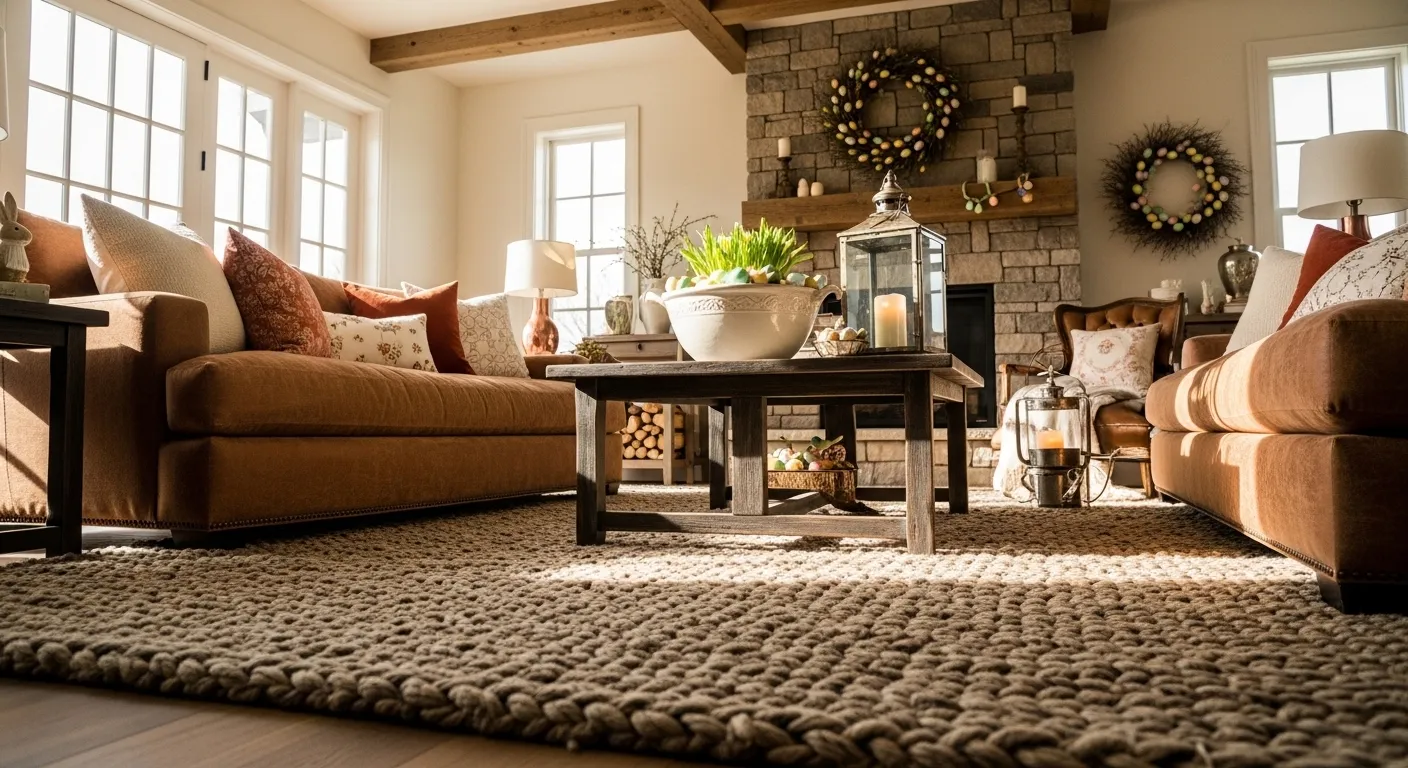 Rustic farmhouse living room featuring warm copper accents and neutral furniture