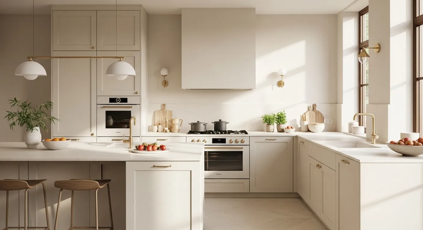 A beautiful minimalist kitchen featuring a cream color palette with modern fixtures and natural light.