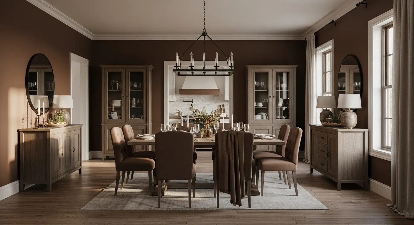 Farmhouse dining room in chocolate brown for a cozy winter atmosphere, featuring elegant decor and warm textures.