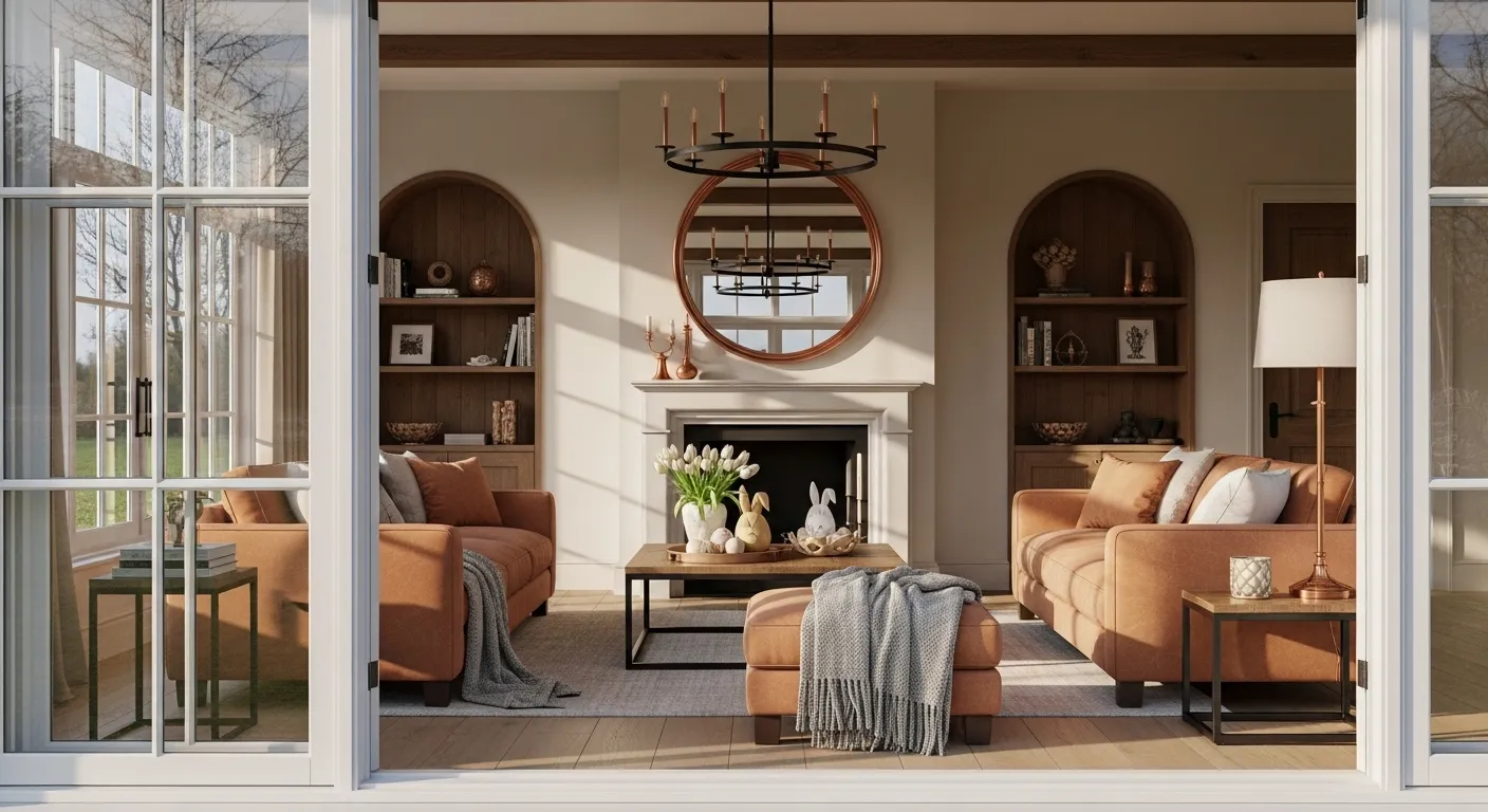 Rustic farmhouse living room featuring warm copper accents and neutral textures