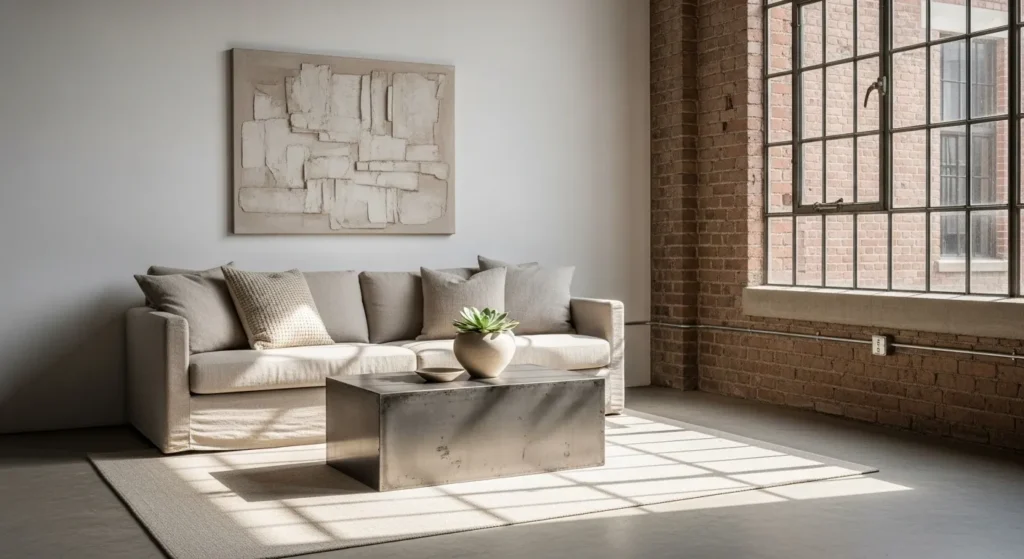 Industrial living room with beige colors, cozy sofa, and large windows