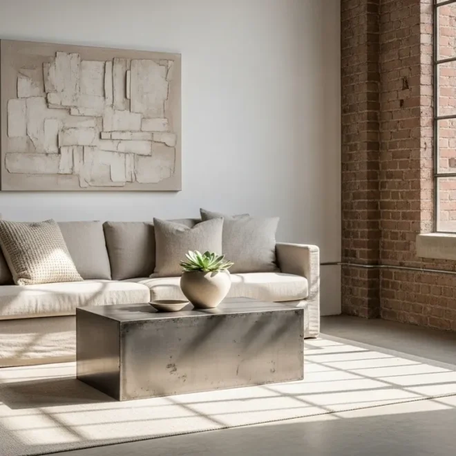 Industrial living room with beige colors, cozy sofa, and large windows