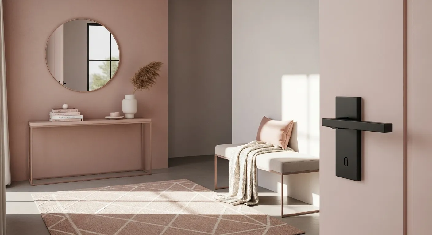 Minimalist entryway design in blush tones, featuring a cozy winter atmosphere with a stylish rug and decor.