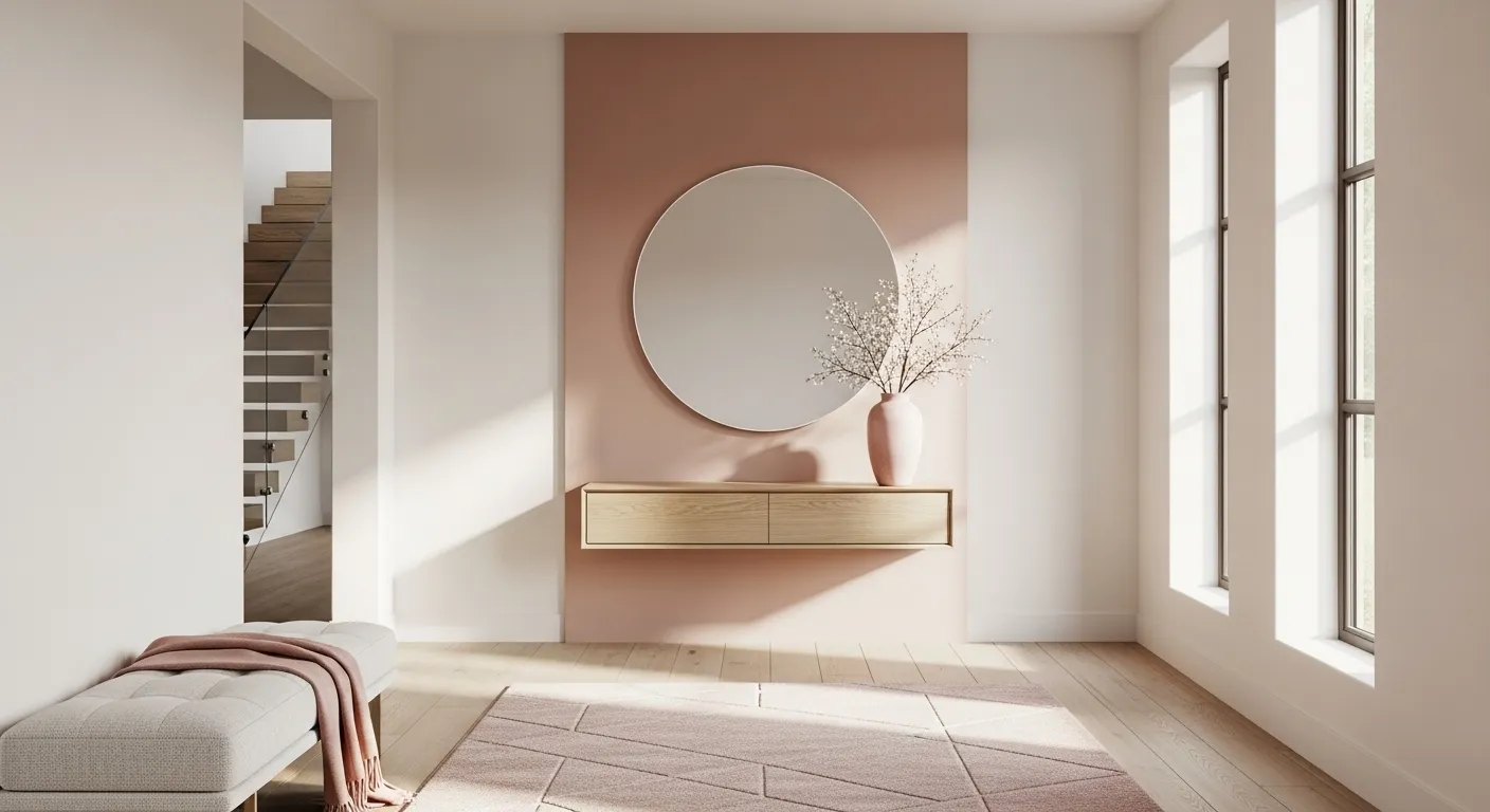 A minimalist entryway in blush tones, featuring a round mirror, wooden console, and cozy decor for winter.