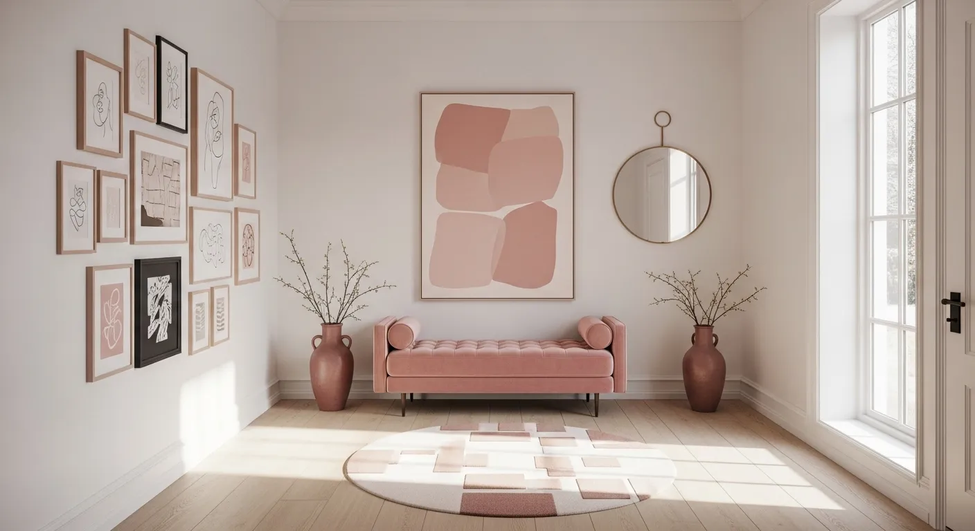 Minimalist entryway with blush colors and winter decor for a cozy atmosphere.