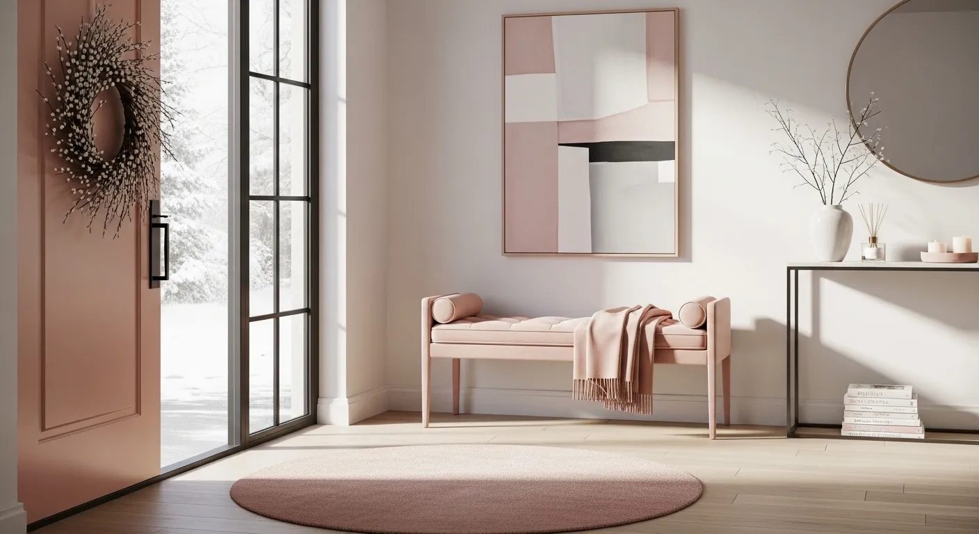 Minimalist entryway design featuring blush colors, winter decor, and cozy furnishings.