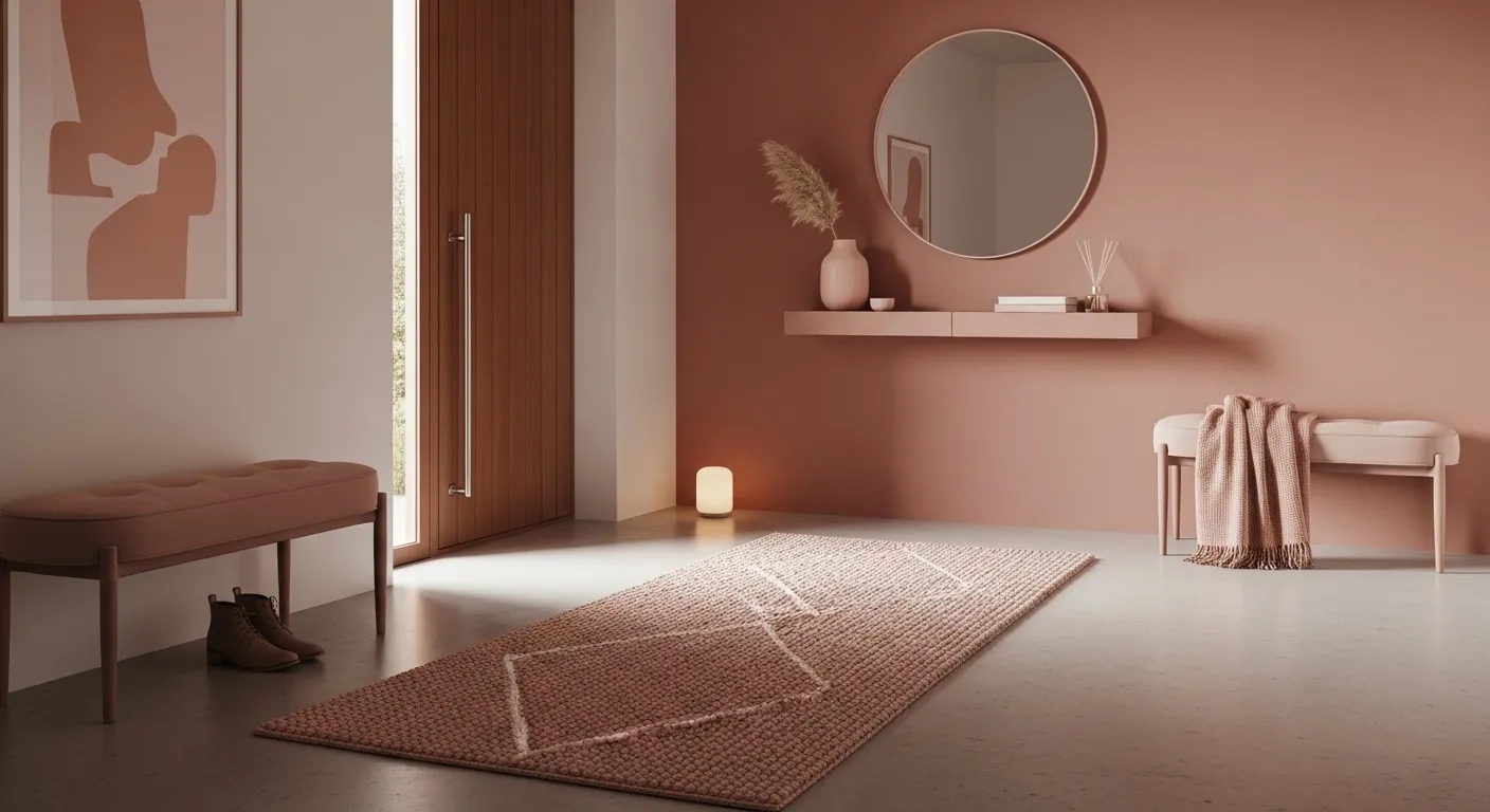Minimalist entryway design for winter with blush color palette, featuring a round mirror and cozy accents.