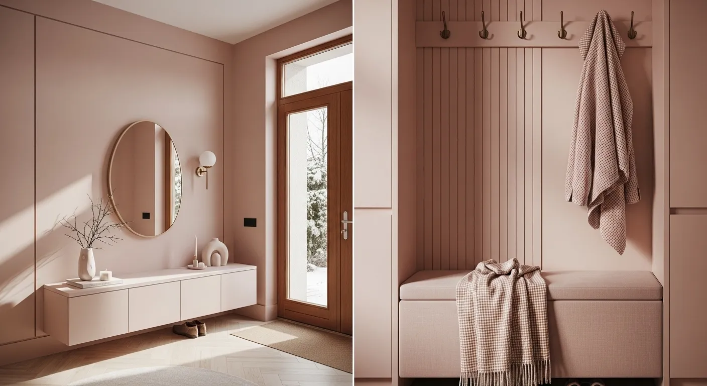 Minimalist entryway design with blush color palette for a cozy winter atmosphere.